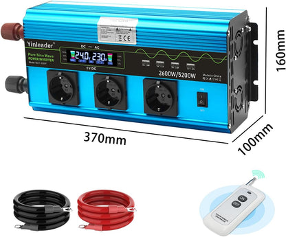 Yinleader Omvormer 2600 W/5200 W zuivere sinus spanningsomvormer 24 V 230 V met 3 Europese stopcontacten en 4 USB-poorten LCD-display voor de spanning