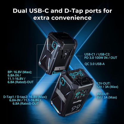 SMALLRIG V Mount Battery X99, 99Wh / 6800mAh V Mount Battery, 100W Output 2H Full Charge, Dual D-TAP, USB-C, DC Ports, APP Control, 2.0" Touchscreen, for Camera, Camcorder, Monitor, Video Light - 4984