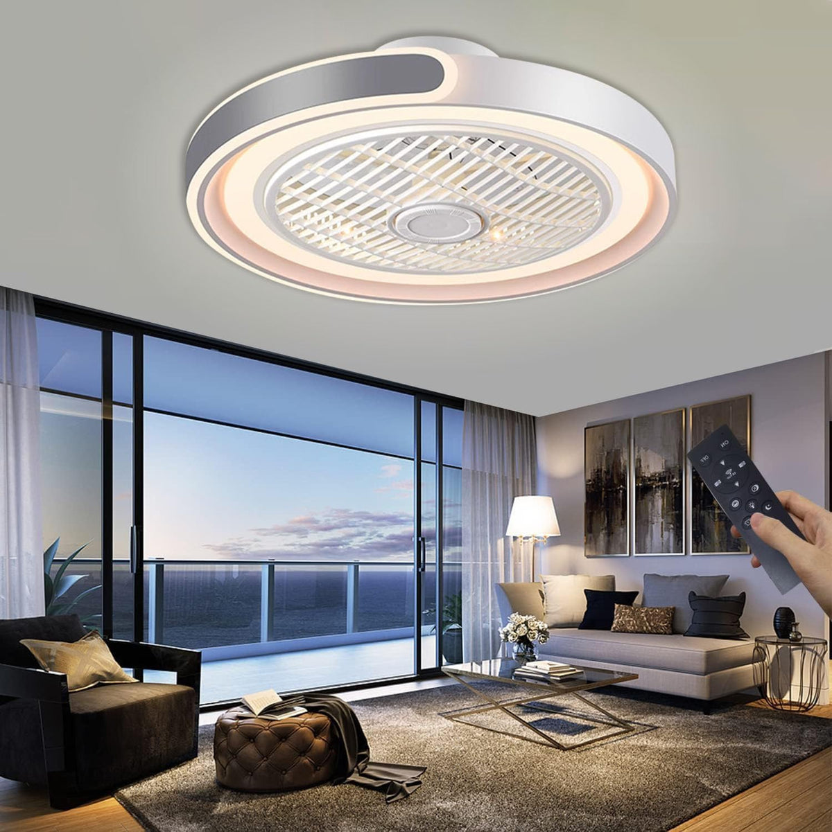 ASJK Plafondventilator met Licht, 72W Stille Moderne LED-plafondventilator met verlichting voor Slaapkamer, Woonkamer, 6 Omkeerbare Snelheden, Timer. Grijs