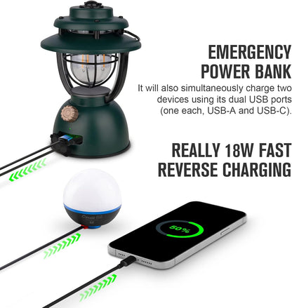 Campinglamp - Kampeerlamp - Retro Stijl LED-lantaarn - Dimbare - Draagbare - met Noodstroombank - USB-C & A Oplaadbaar - voor Buiten - Camping - Noodsituatie - IPX5 Waterdicht - 300Lm - 11200 mAh - Klaverbroen