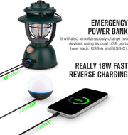Campinglamp - Kampeerlamp - Retro Stijl LED-lantaarn - Dimbare - Draagbare - met Noodstroombank - USB-C & A Oplaadbaar - voor Buiten - Camping - Noodsituatie - IPX5 Waterdicht - 300Lm - 11200 mAh - Klaverbroen