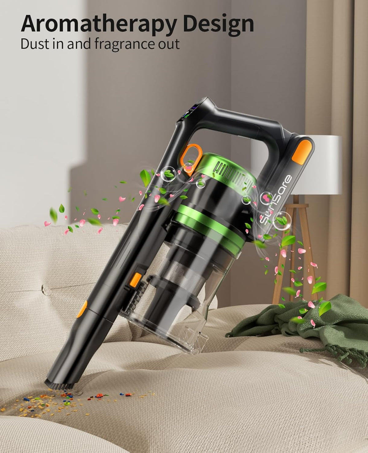 SunSare Draadloze stofzuiger, 450 W/45 KPA/60 min, draadloze stofzuiger met oplaadbare accu, lichte stofzuiger met dubbele handgreep, met aromatherapie-functie, geschikt voor dierenharen, tapijten
