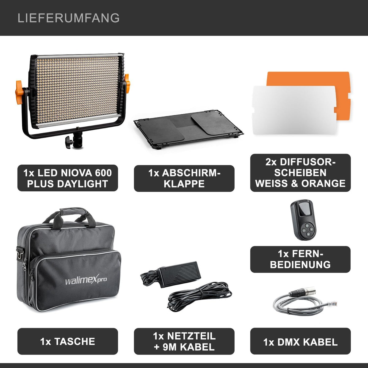 Walimex pro Niova 600 Plus Daylight Led-videolamp, continu licht, 36 watt, 600 leds, dimbaar, 5600 K, 4.350 lumen, CRI ≥ 97 Ra, DMX + afstandsbediening, 2 x NP-F-accusleuven + voeding