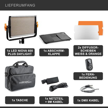 Walimex pro Niova 600 Plus Daylight Led-videolamp, continu licht, 36 watt, 600 leds, dimbaar, 5600 K, 4.350 lumen, CRI ≥ 97 Ra, DMX + afstandsbediening, 2 x NP-F-accusleuven + voeding