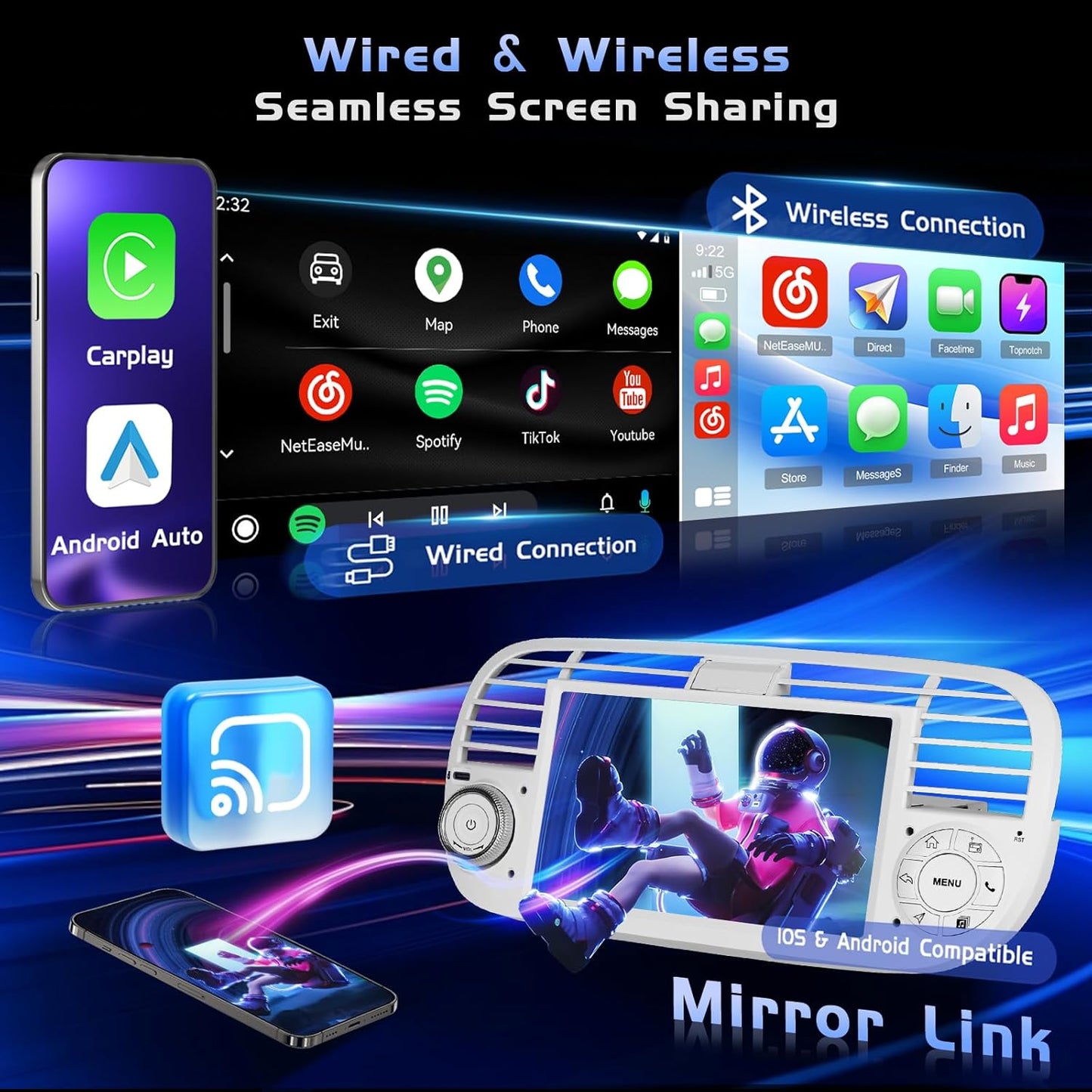 Hikity - Android autoradio met 7 inch scherm voor FIAT 500 2007-2015 autoradio met navigatie Bluetooth handsfree systeem touch display autoradio met WiFi/RDS/FM/USB/Spiegel/Canbus (wit)