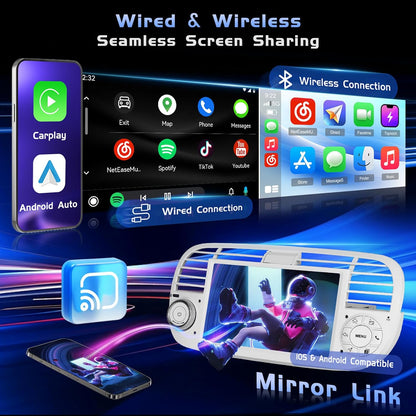 Hikity - Android autoradio met 7 inch scherm voor FIAT 500 2007-2015 autoradio met navigatie Bluetooth handsfree systeem touch display autoradio met WiFi/RDS/FM/USB/Spiegel/Canbus (wit)