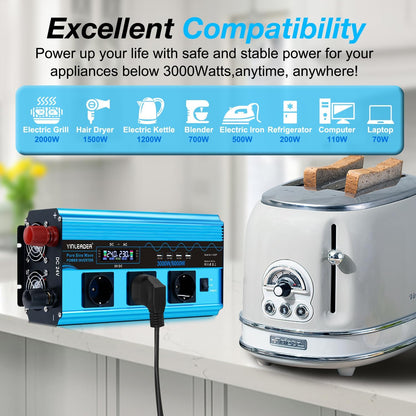 Yinleader Inverter 3000 W zuivere sinus spanningsomvormer 24 V 230 V met LCD | 3 stopcontacten en 4 USB-poorten draadloze afstandsbediening / 6000 W