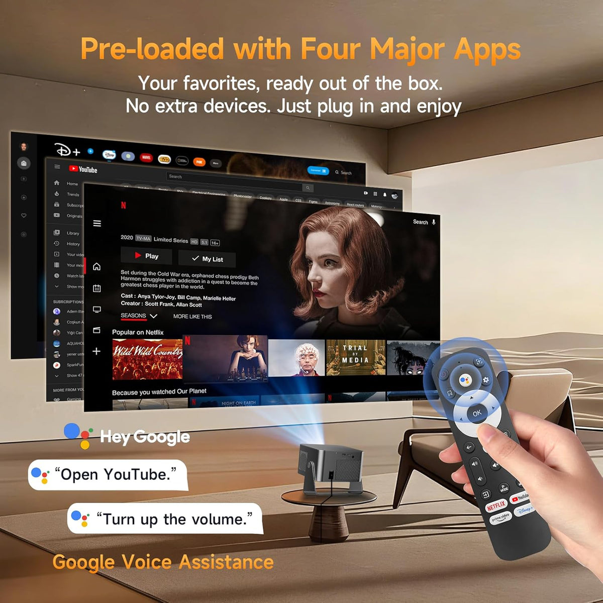 Alwtniet Beamer 4k met Google TV, native Full HD 1080p mini-projector, thuisbioscoop, bluetooth, wifi, kleine smart korte afstand, projector, autofocus/6d trapeziumcorrectie voor outdoor, mobiele