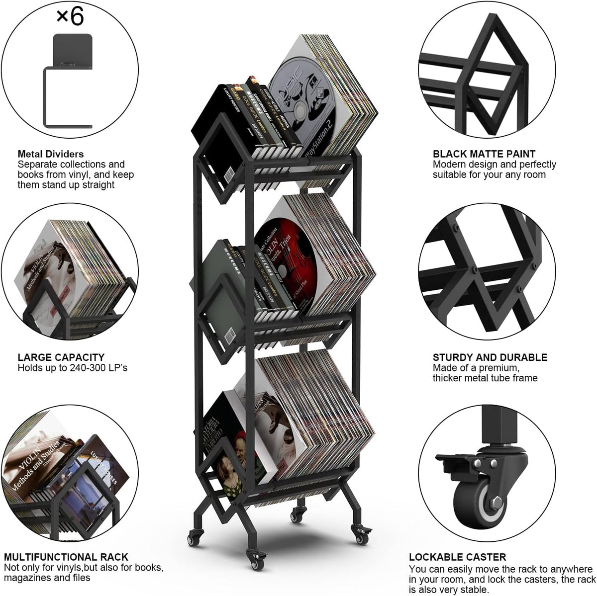 Vinyl Opbergrek Op Wielen – Platenrek – LP Opbergrek – Vinyl Rek – Platenhouder – Tot 150 LP’s – Stevig Metalen Frame Met Poedercoating