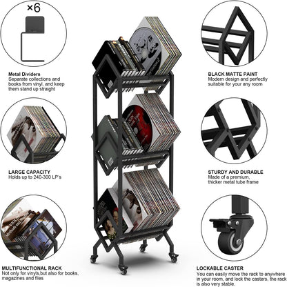 Vinyl Opbergrek Op Wielen – Platenrek – LP Opbergrek – Vinyl Rek – Platenhouder – Tot 150 LP’s – Stevig Metalen Frame Met Poedercoating