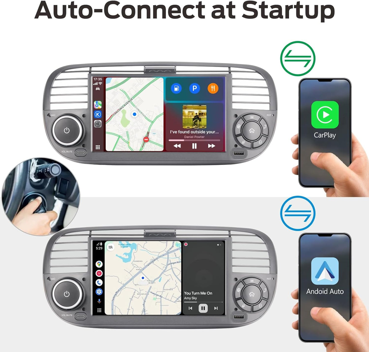 Fast Boot Linux Autoradio Compatible with Fiat 500 2007-2015 | Plug & Play | Bluetooth/Wireless CarPlay/Android Auto/FM/AM/RDS/USB | 100W DSP |Black