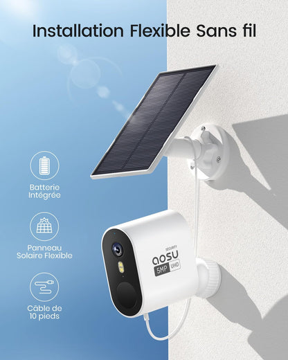 aosu 3K Beveiligingscamera buiten draadloos met batterij aangedreven zonne-energie, 4 bewakingscamera's Home Security System Set 32 GB lokaal record, bewegingssensor, IP67, kleur nachtzicht