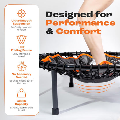 MXL FIT Bounce PRO Bungee Rebounder met T-Bar Handvat - Premium Indoor Mini Trampoline voor Volwassenen Stille Laag-Impact Bounce, Half-Opvouwbaar met Opvouwbare Stalen Poten & Draagtas - 101,6 cm