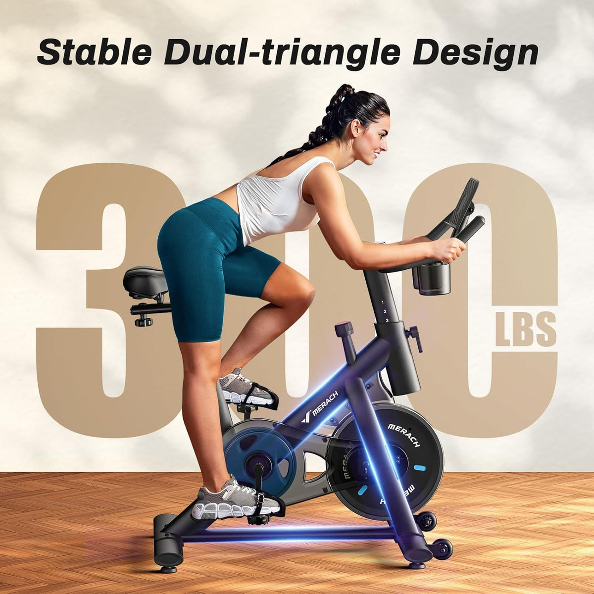 Merach Hometrainer met verstelbare weerstand, stille hometrainer met led-monitor, comfortabel zitkussen, eigen app, capaciteit 136 kg, aerobic-training
