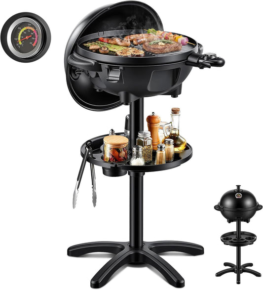 FOHERE Elektrische barbecue, 2-in-1, 2400 W, tafelgrill en voeteneinde, geïntegreerde thermometer, antiaanbaklaag Ø 41 cm, vetschaal, zwart