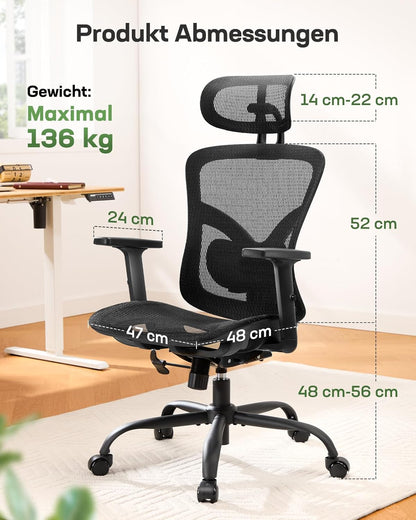 Ergonomische bureaustoel, hoge rugleuning mesh stoel met verstelbare lendensteun, 2D-hoofdsteun, boven- en onderarmleuningen, 90-120° kantelbaar, breed zitkussen, ideaal voor gaming en thuiskantoor