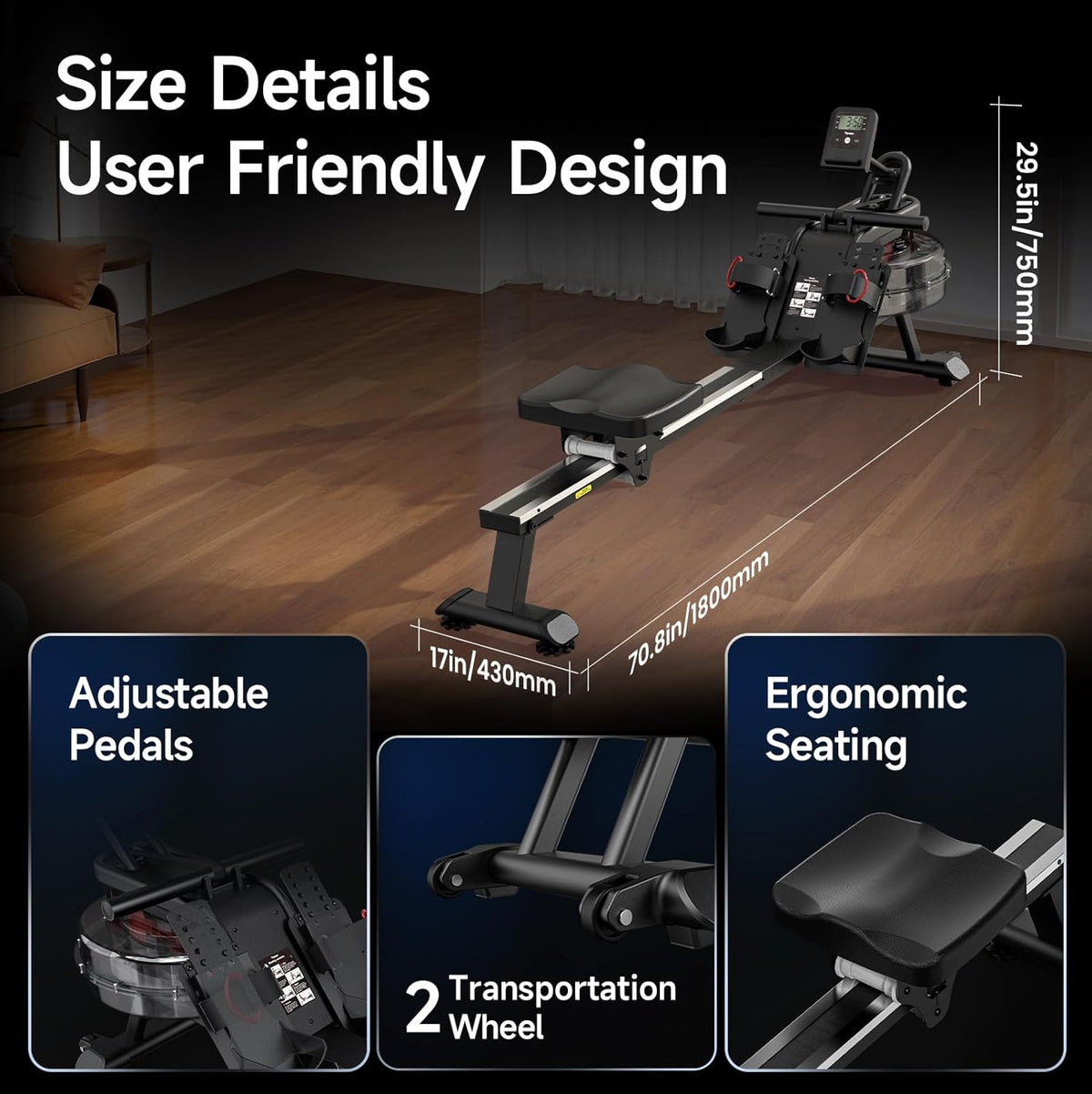 PASYOU Water Rowing Machine, Foldable Rowing Machine for Home Gym, 350lbs Weight Capacity Rowing Machine with Bluetooth App, LCD Screen, Tablet Stand for Cardio Training - QUORE