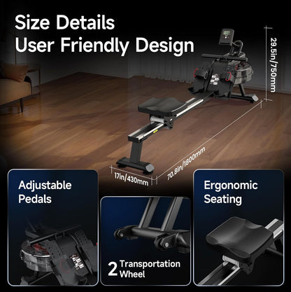 PASYOU Water Rowing Machine, Foldable Rowing Machine for Home Gym, 350lbs Weight Capacity Rowing Machine with Bluetooth App, LCD Screen, Tablet Stand for Cardio Training - QUORE