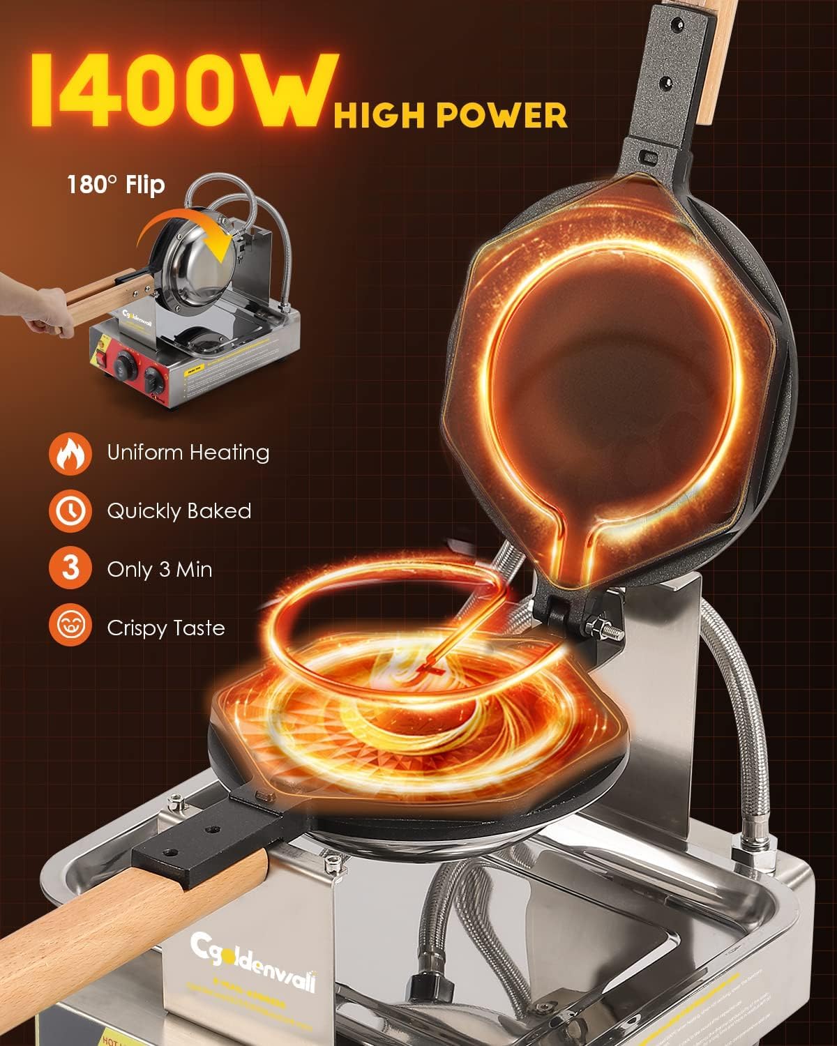 Cgolwall IJzeren wafelmachine, 180 graden draaibaar, anti-aanbak en verwisselbare bakvorm, 0-300 °C, 1500 W, elektrische wafelijzer, 3-5 minuten, uniform bakken