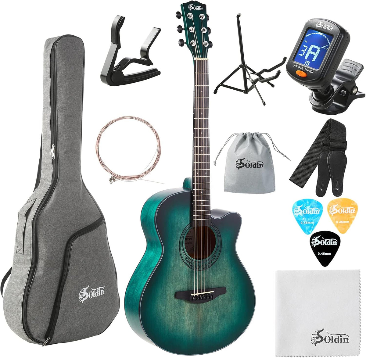 40 Inch Akoestische Gitaar Premium Solid Spar Top Cutway Acustica Guitarra Bundel kit Met Gig Bag, Gitaarstandaard, Tuner, Strap, Capo, Snaren, Reinigingsdoek en Pickts (Nijlblauw)