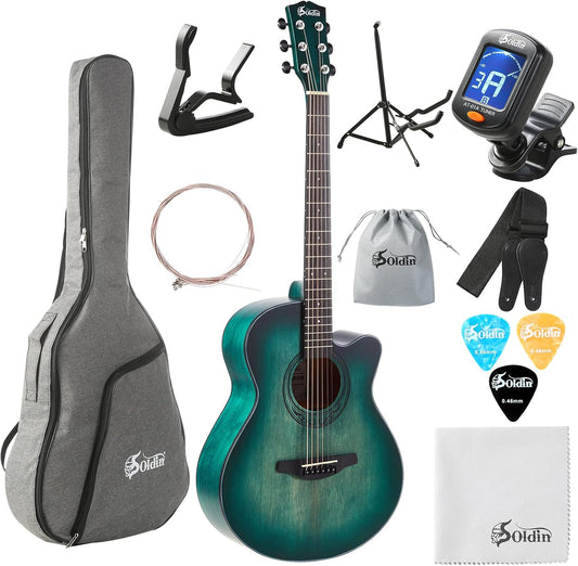 40 Inch Akoestische Gitaar Premium Solid Spar Top Cutway Acustica Guitarra Bundel kit Met Gig Bag, Gitaarstandaard, Tuner, Strap, Capo, Snaren, Reinigingsdoek en Pickts (Nijlblauw)