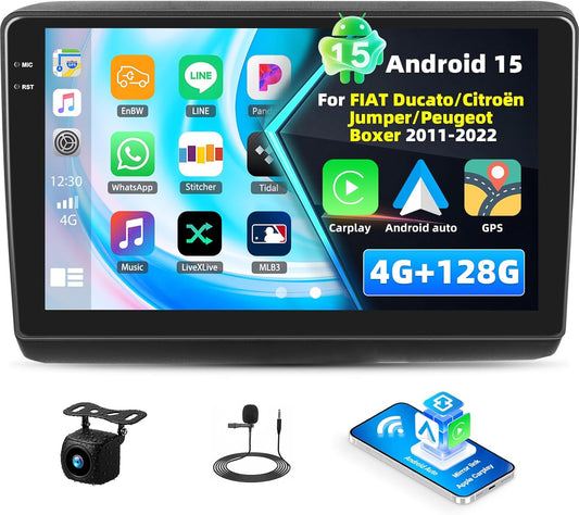 4+128G Android 15 Autoradio für FIAT Ducato/Citroën Jumper/Peugeot Boxer 2011-2022, 9" Incell Touchscreen-Radio mit Wireless CarPlay & Android Auto Bluetooth 5.0 GPS WiFi FM/RDS 32EQ
