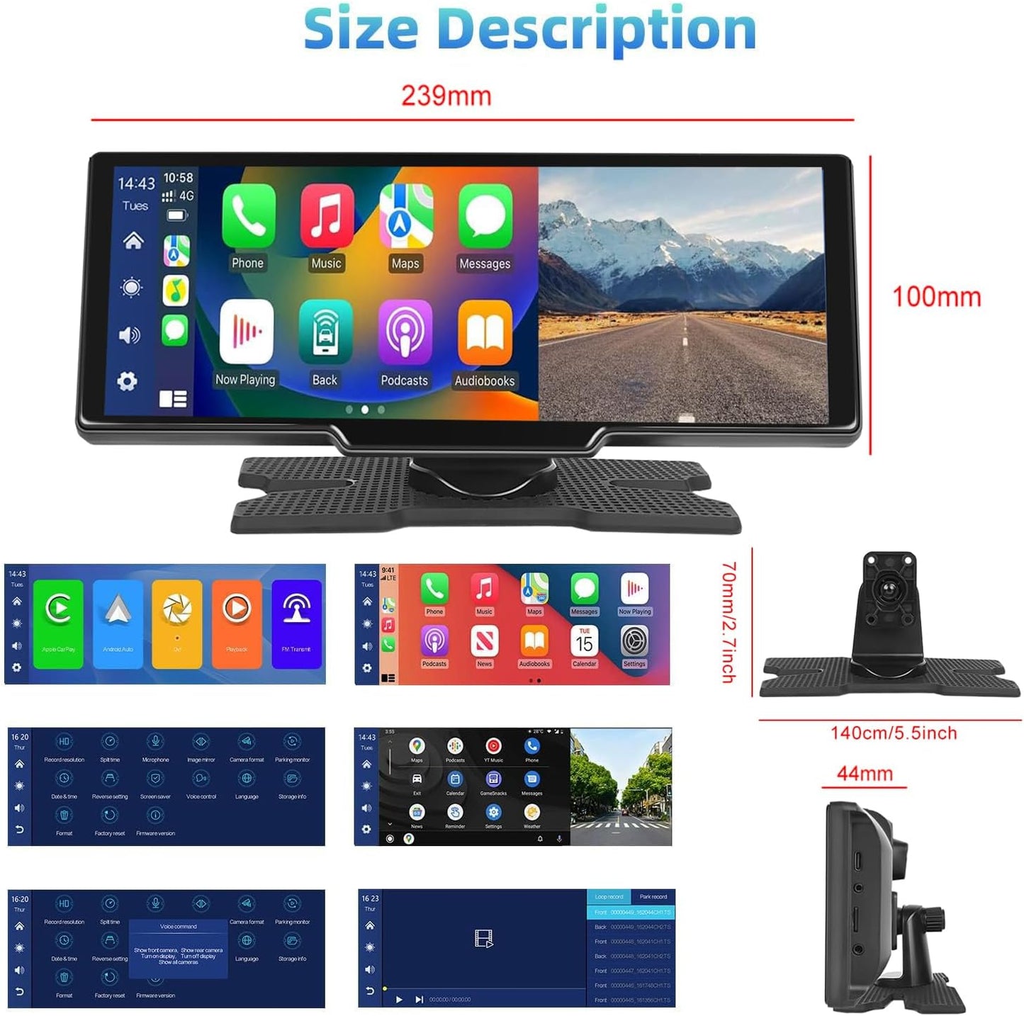 Podofo 9,3 inch draagbare autoradio 2,5K dubbele dashcam met draadloos Apple Carplay Android-autoscherm, 7-32V touchscreen met stemassistent/Bluetooth/FM-zender/AUX / 32G TF-kaart
