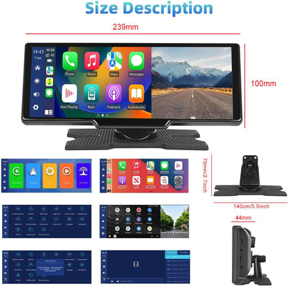 Podofo 9,3 inch draagbare autoradio 2,5K dubbele dashcam met draadloos Apple Carplay Android-autoscherm, 7-32V touchscreen met stemassistent/Bluetooth/FM-zender/AUX / 32G TF-kaart