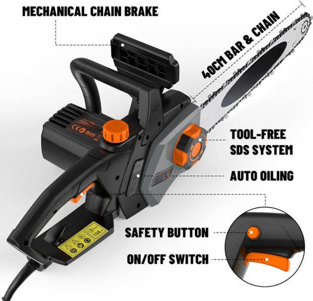 Elektrische Kettingzaag - Kettingzaag - Snoeizaag - Takkenzaag - Handzaag - Draagbaar - 2400W - met 40cm Oregon-Ketting - 15 m/s Kettingsnelheid - SDS Auto-Apansysteem - 6m Voedingskabel - ‎220V - Oranje