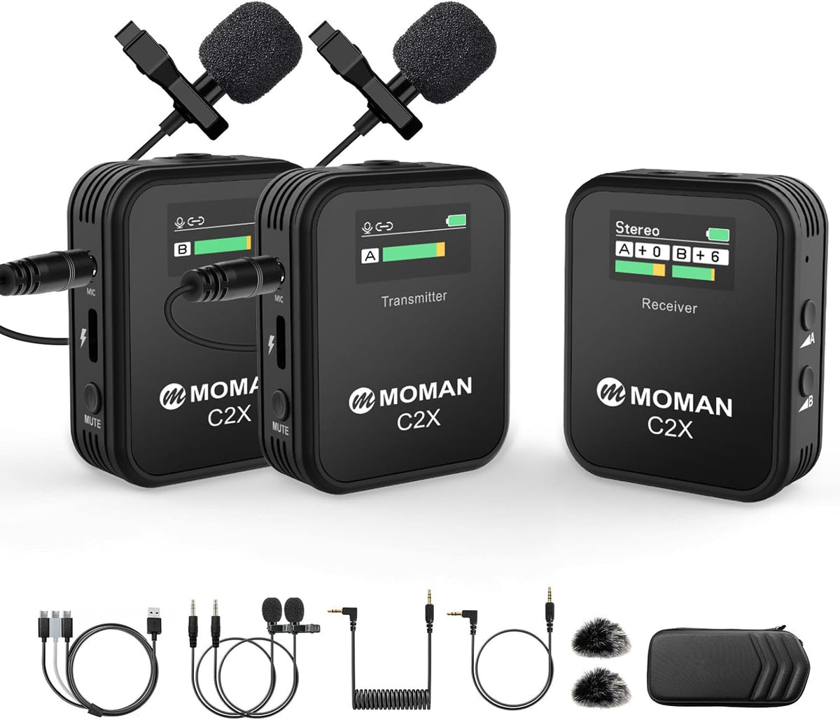 MOMAN Draadloze c2X 2,4 GHz Lavalier microfoon draadloos systeem tot 100 m voor DSLR camera camcorder Canon Sony Nikon Smartphone Laptop