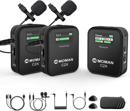 MOMAN Draadloze c2X 2,4 GHz Lavalier microfoon draadloos systeem tot 100 m voor DSLR camera camcorder Canon Sony Nikon Smartphone Laptop