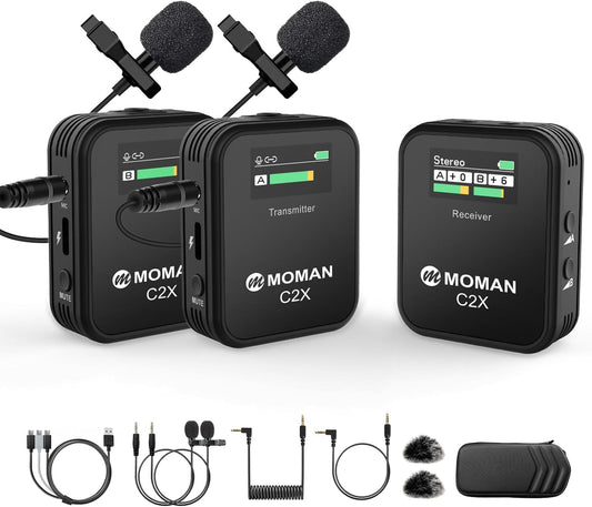 MOMAN Draadloze c2X 2,4 GHz Lavalier microfoon draadloos systeem tot 100 m voor DSLR camera camcorder Canon Sony Nikon Smartphone Laptop