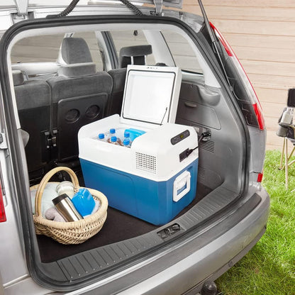 Mobicool MCF32 Elektrische compressorkoelbox, 31 l, 12/24/230 V, mini-koelkast voor auto, vrachtwagen, boot, camper en stopcontact, wit/blauw