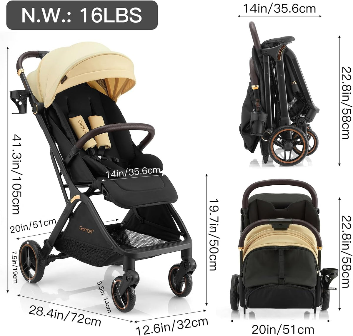 Gromast Gravity Opvouwbare babybuggy met verstelbare rugleuning en zonnedak, lichtgewicht en uv-bescherming, met één hand automatisch inklapbaar, beige