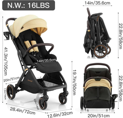 Gromast Gravity Opvouwbare babybuggy met verstelbare rugleuning en zonnedak, lichtgewicht en uv-bescherming, met één hand automatisch inklapbaar, beige