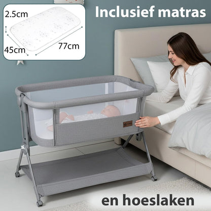 Comfortly 2-in-1 babybed en Mosesmand met wieltjes, inklapbaar, zonder montage, in hoogte verstelbaar en anti-terugstroomfunctie, incl. matras, laken van katoen en tas (grijs)