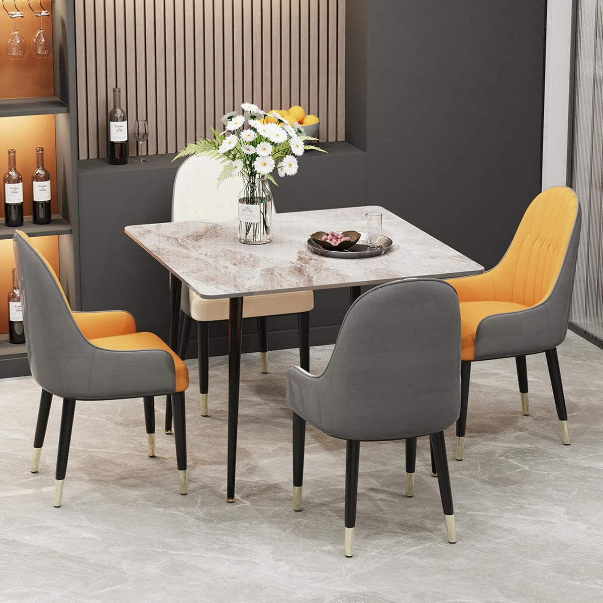 FATIVO Eettafel, kleine keukentafel, marmer voor 2 personen, eetkamertafel, eenvoudig, woonkamer, eettafel, grijs, hoogglans, tafels voor eetkamer, restaurant, metaal, tafelpoten, 80 x 80 cm,