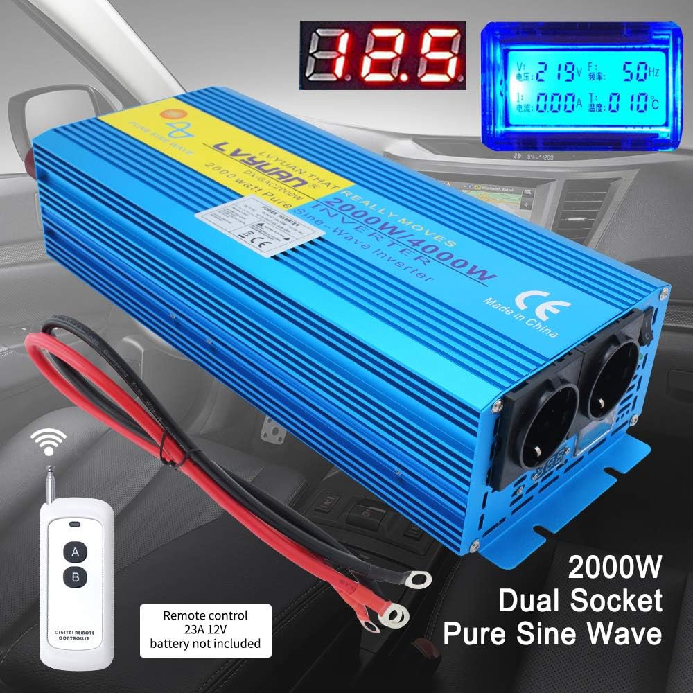 Pure Sine Wave Power Inverter 2000W DC 12V naar AC 240V converter met draadloze afstandsbediening & dubbele EU-stopcontacten voor RV Truck Car