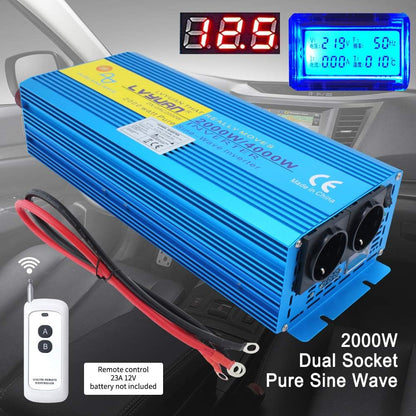 Pure Sine Wave Power Inverter 2000W DC 12V naar AC 240V converter met draadloze afstandsbediening & dubbele EU-stopcontacten voor RV Truck Car