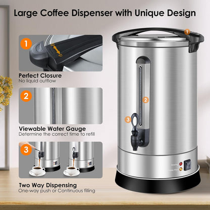 Homtone Gastro Koffiezetapparaat met rond filter, 120 kopjes/18 l, dubbelwandig, groot, roestvrij staal, industrieel koffiezetapparaat met tapkraan, voor feest, warmwaterdispenser voor koffie, thee