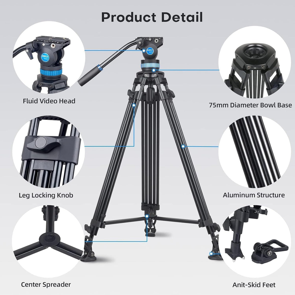 Camera Videostatief met Vloeistofkop – Driepootstatief, Tripod, Camerastatief, Camcorder Statief – Voor Camera, Camcorder En DSLR – Aluminiumlegering – 91 Tot 190 Cm Verstelbaar, Draagvermogen 10 Kg