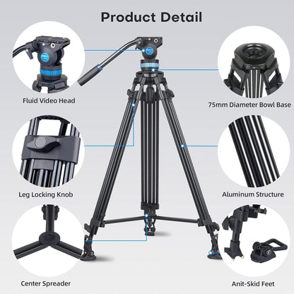 Camera Videostatief met Vloeistofkop – Driepootstatief, Tripod, Camerastatief, Camcorder Statief – Voor Camera, Camcorder En DSLR – Aluminiumlegering – 91 Tot 190 Cm Verstelbaar, Draagvermogen 10 Kg