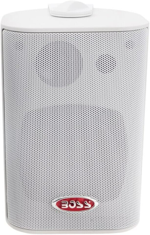 KIT SET VOOR BOSS AUDIO SYSTEMS MR4.3W 2 witte 3-weg speakers, 100 watt rms 200 watt max, 4 ohm, waterdicht, zwembad, boot, binnen en buiten + montagebeugels inbegrepen, per paar