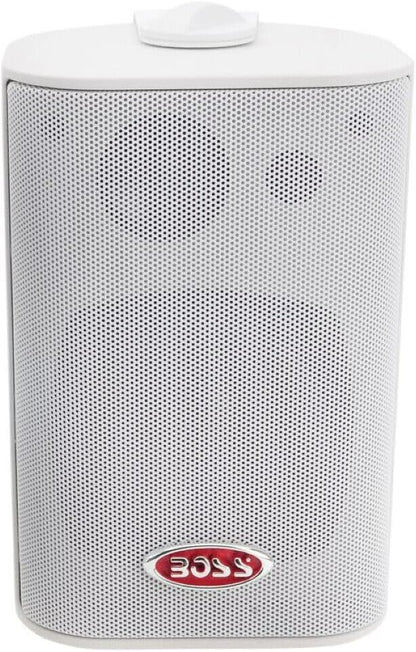 KIT SET VOOR BOSS AUDIO SYSTEMS MR4.3W 2 witte 3-weg speakers, 100 watt rms 200 watt max, 4 ohm, waterdicht, zwembad, boot, binnen en buiten + montagebeugels inbegrepen, per paar