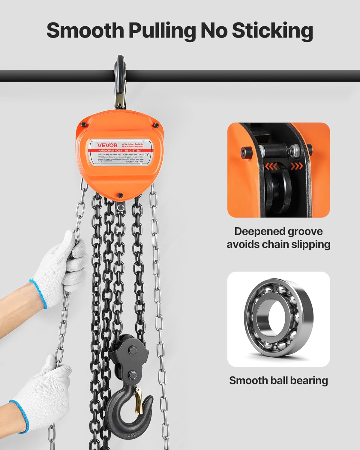 VEVOR Manual Drawstring, Capacity 3 T, with Galvanized Chain G80, Lift Height 6 m, Pulley with Pulley for Cars in Warehouse, Orange
