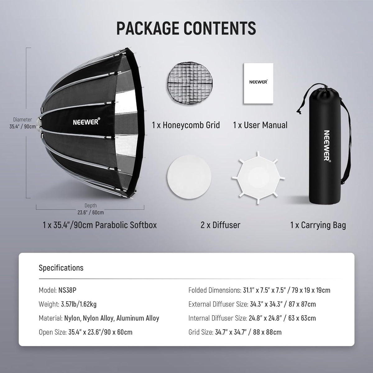 NEEWER Basics Softbox Parabolische Frame Bowens, 35,4 inch Soft Box met snelontgrendeling, lichtdiffuser/rooster/tas, compatibel met Godox, compatibel met Aputure 600d Studio videoverlichting, NS38P