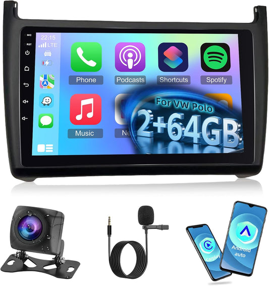 NHOPEEW 2G + 64G Android autoradio voor VW Polo 6R 2009-2017 - draadloze Carplay & Android Auto - 9 inch Android Stereo met WiFi EQ GPS Mirror Link FM RDS + AHD achteruitrijcamera en microfoon