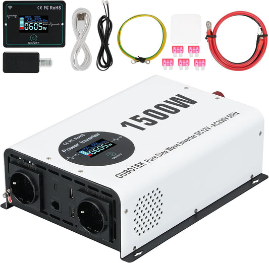 Omvormer – Spanningsomvormer – Zuivere Sinus Omvormer – Inverter – DC 12 V Naar AC 230 V – 1500 W Continu / 3000 W Piekvermogen – 2 AC-Stopcontacten, 2 USB-A En 1 USB-C