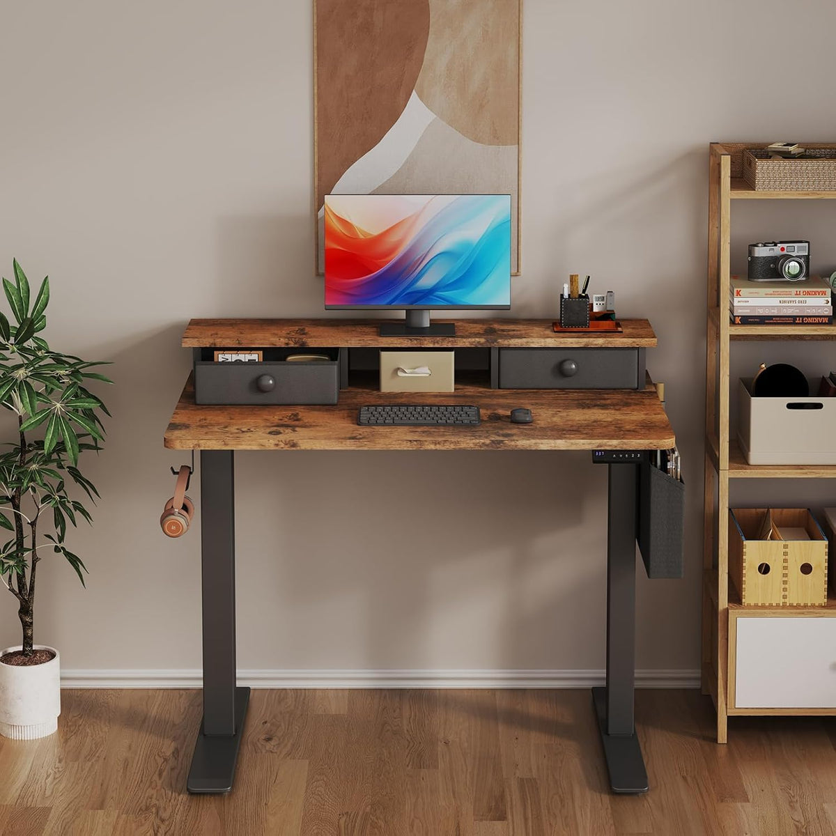 Lufeiya Elektrisch staand bureau, in hoogte verstelbaar, 101 cm (101 cm) zit-sta bureau met lade, klein sta-bureau