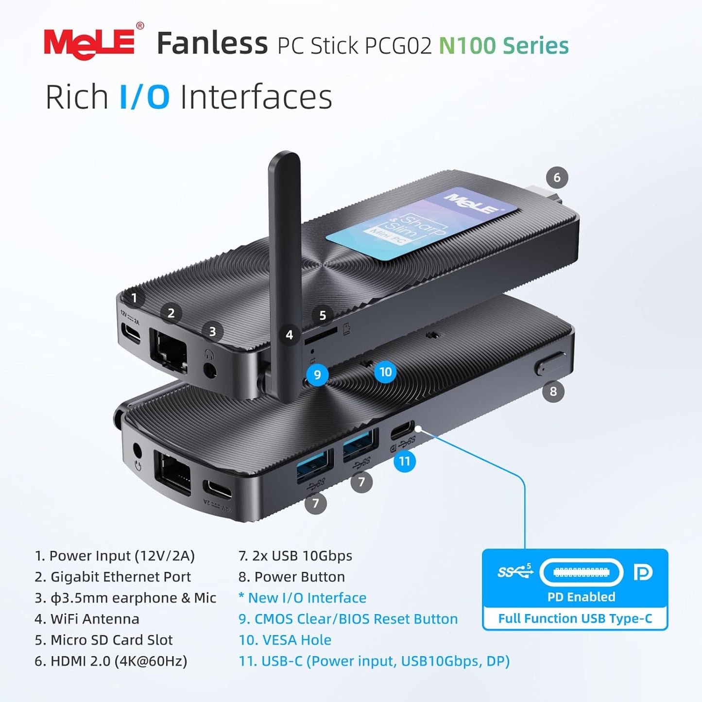 MeLE PCG02 Fanless Mini PC Stick, N100 8GB RAM 256GB, Auto Power On PXE, Windows 11 Pro Kleine Mini Desktop Computer, Alles-in-één USB-C op Industrie IoT, Business Office, Digital Signage, 4K HDMI